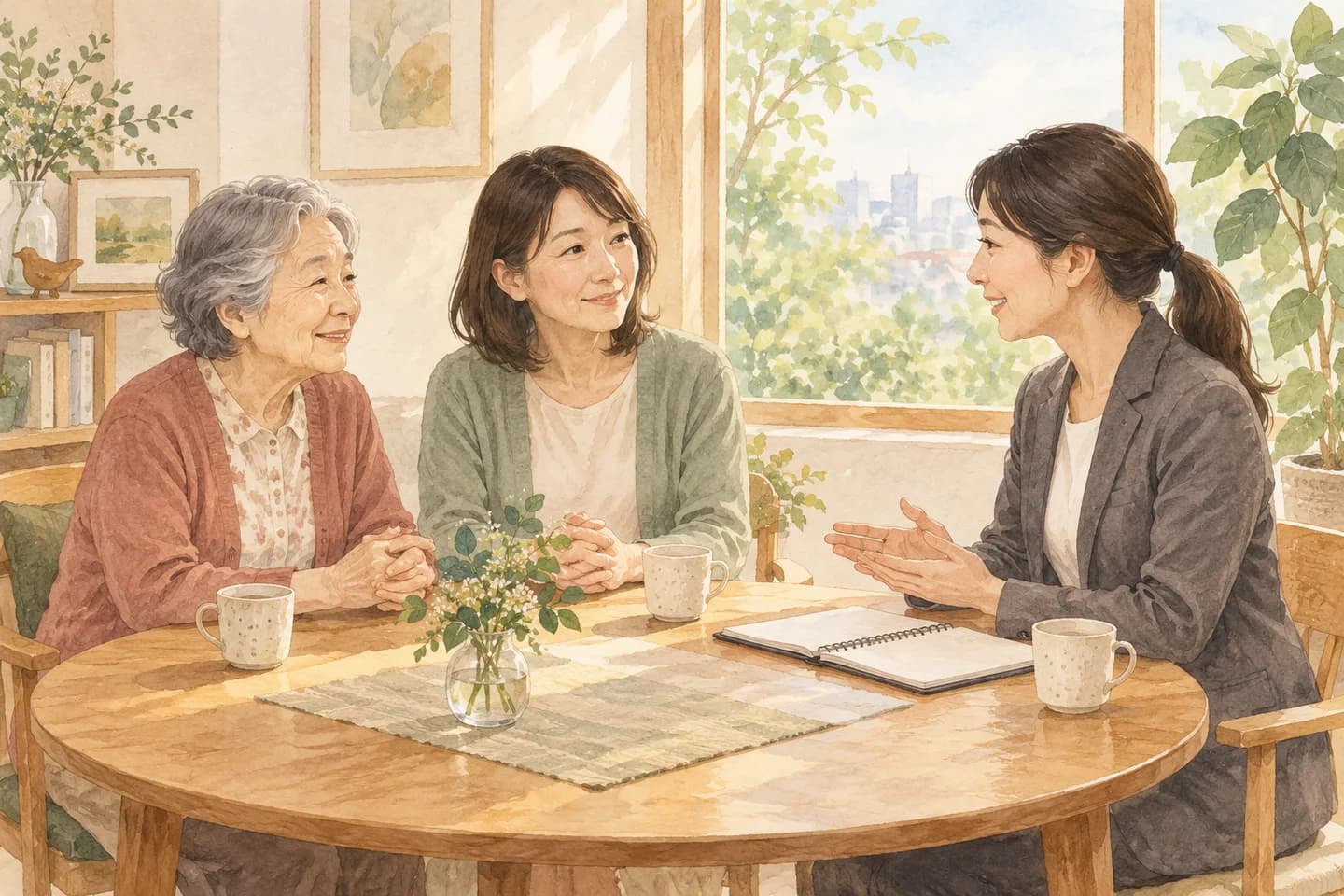 本人と家族が、窓辺で支援者に相談するイラスト
